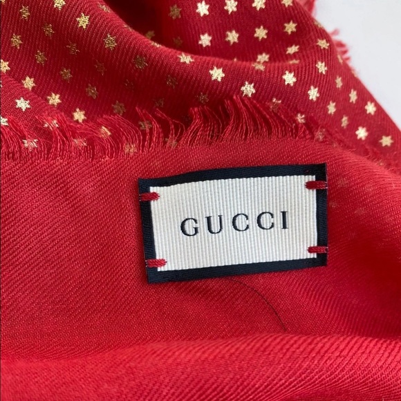 Gucci Red Silk With Gold Star Print And "GUCCY" Logo Scarf/wrap - Picture 5 of 11